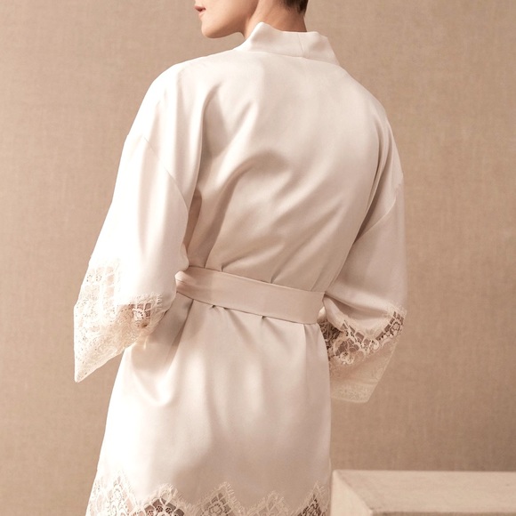 Anthropologie New NWT Sz Sm Genevieve Kimono Robe White Silk Lace Wedding Bride - Picture 5 of 7